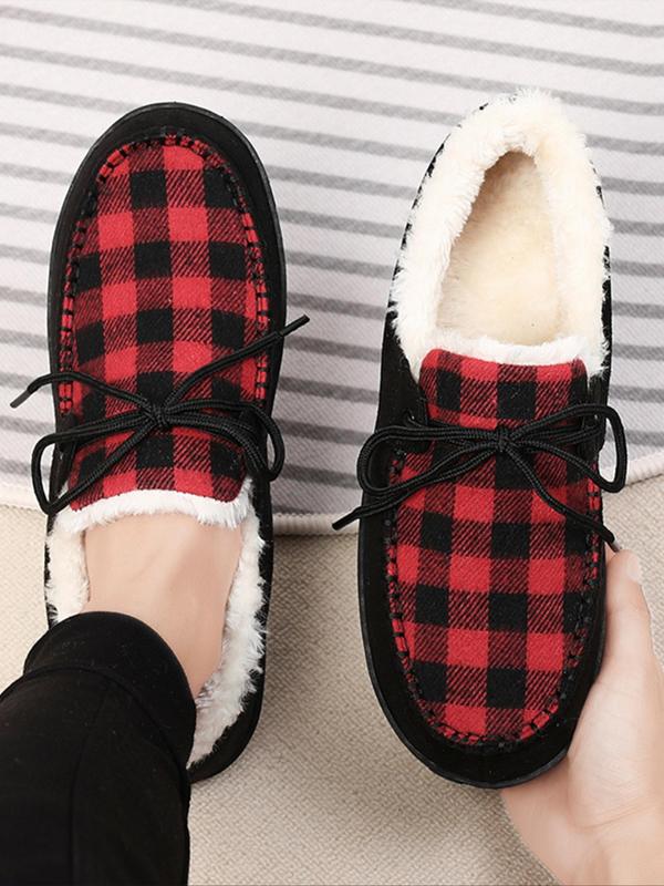 Men's Casual Plaid Pattern Contrast Faux Fur Lined Slippers, Casual Comfortable Home Slippers, Warm Loafers for Indoor & Outdoor Use for Fall & Winter