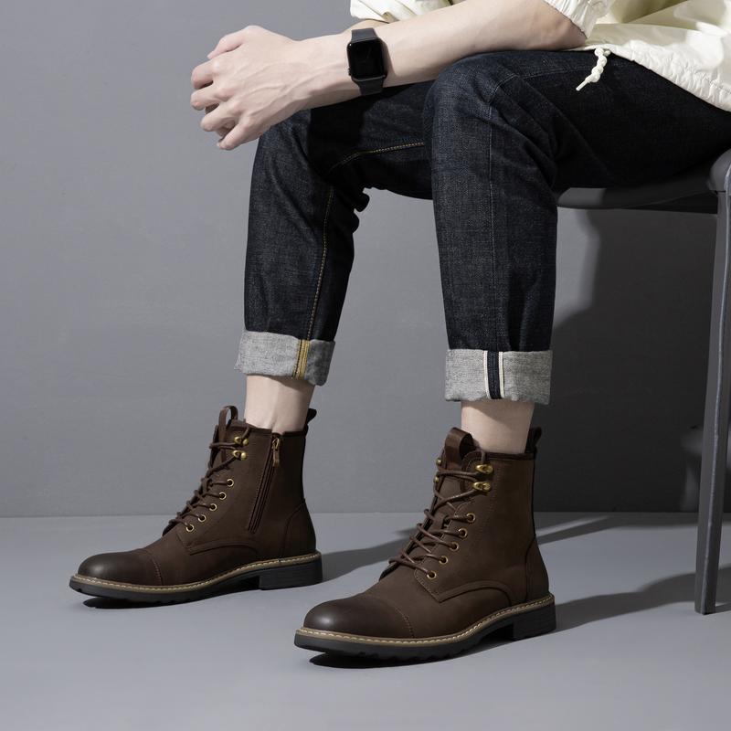 Mens Ankle Boots - Lace-up, Wear-resistant, Non Slip, PU Leather Uppers, Round Toe, TPR Sole, Fabric Inner, Casual, Fashion, Minimalist, All-season Boots for Outdoor Activities