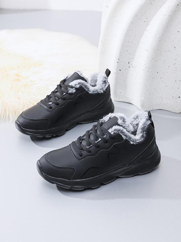 Women's Fashionable Faux Fur Lined Lace Up Low Top Sneakers, Casual Comfortable Warm Sports Shoes for Fall & Winter, Female All-match Round Toe Shoes for Daily Wear