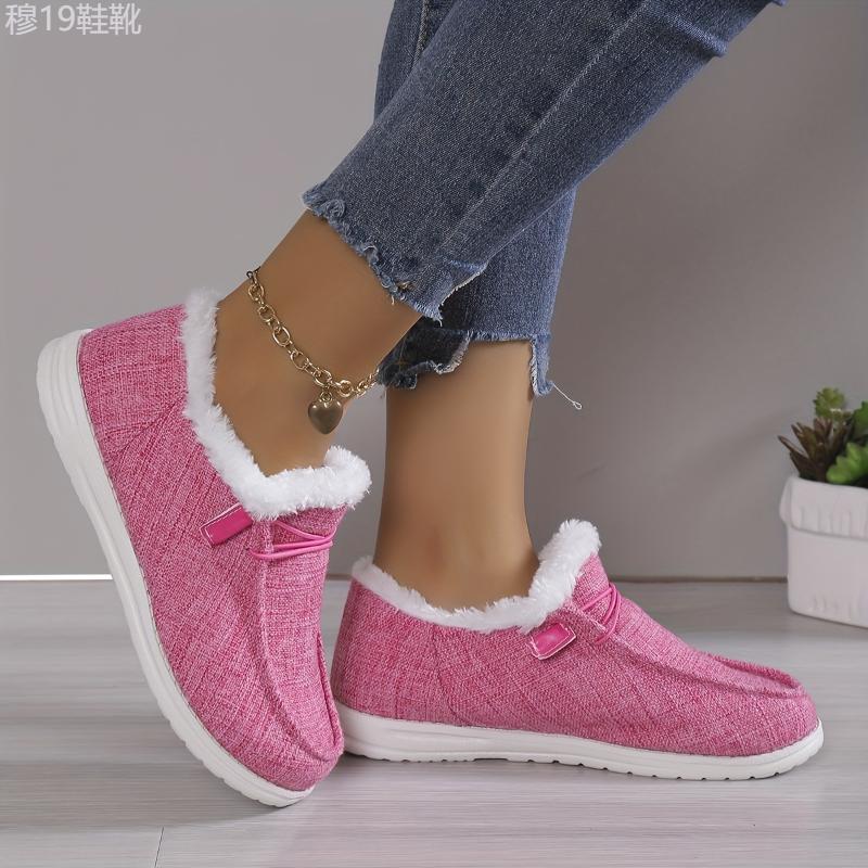 Women's Solid Color Fluffy Shoes Slip On Fleece Lining Flat Soft Sole Plush Shoes, Winter Warm Lightweight Canvas Shoes Footwear Walking Shoes