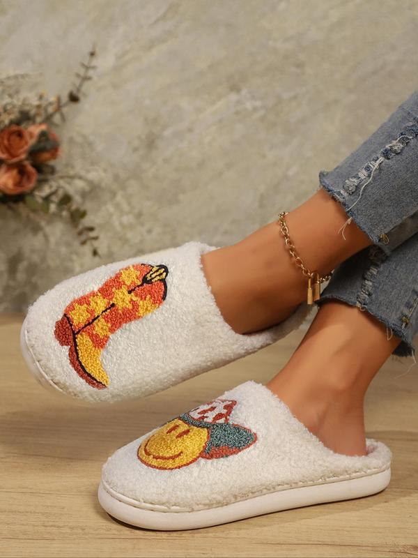 Women's Cartoon Smile Face & Boot Pattern Plush Slippers, Casual Soft Comfortable Home Slippers, Warm Slippers for Indoor & Outdoor Use for Fall & Winter