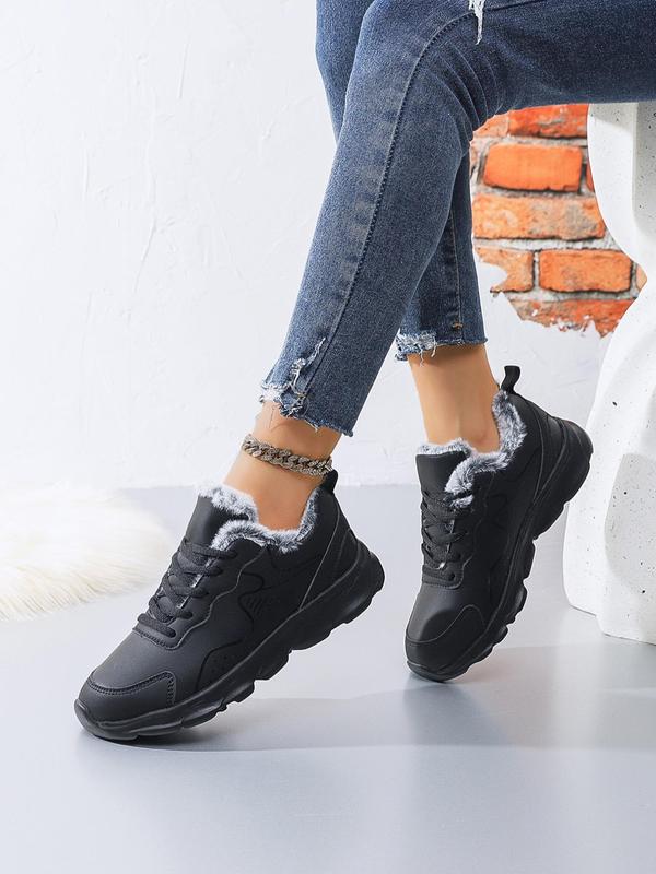 Women's Fashionable Faux Fur Lined Lace Up Low Top Sneakers, Casual Comfortable Warm Sports Shoes for Fall & Winter, Female All-match Round Toe Shoes for Daily Wear