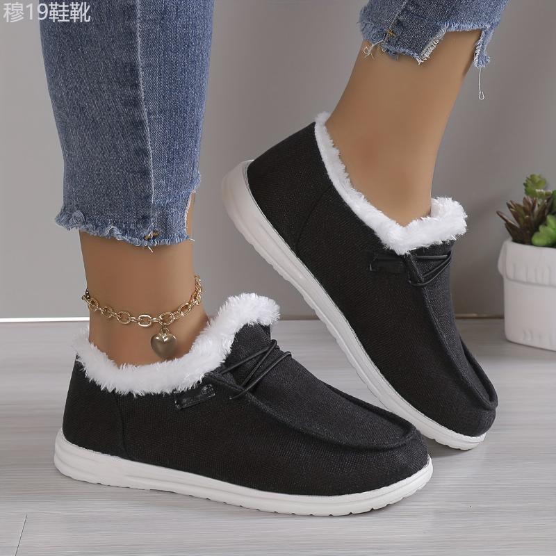 Women's Solid Color Fluffy Shoes Slip On Fleece Lining Flat Soft Sole Plush Shoes, Winter Warm Lightweight Canvas Shoes Footwear Walking Shoes