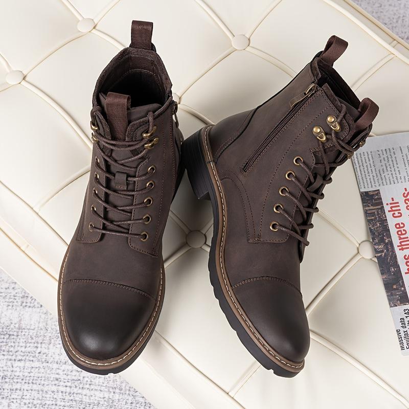 Mens Ankle Boots - Lace-up, Wear-resistant, Non Slip, PU Leather Uppers, Round Toe, TPR Sole, Fabric Inner, Casual, Fashion, Minimalist, All-season Boots for Outdoor Activities