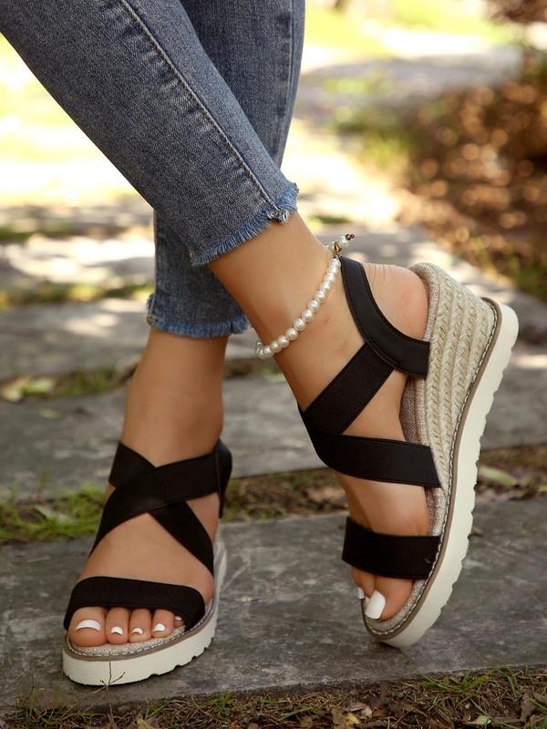 Women's Espadrilles Solid Color Wedge Sandals, Casual Comfortable Slip on Sandals for Summer, Boho Style Outdoor Beach Sandals for Women & Girls