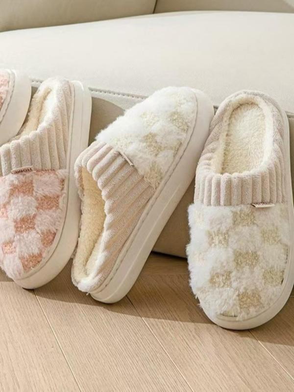 Women's Checked Pattern Plush Slippers, Casual Soft Comfortable Home Slippers for Fall & Winter, Fluffy Bedroom Slippers for Indoor and Outdoor