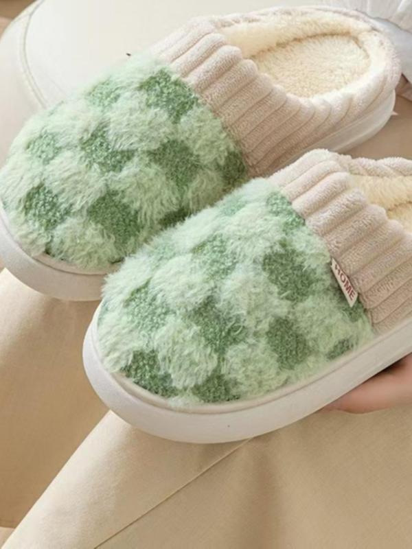 Women's Checked Pattern Plush Slippers, Casual Soft Comfortable Home Slippers for Fall & Winter, Fluffy Bedroom Slippers for Indoor and Outdoor