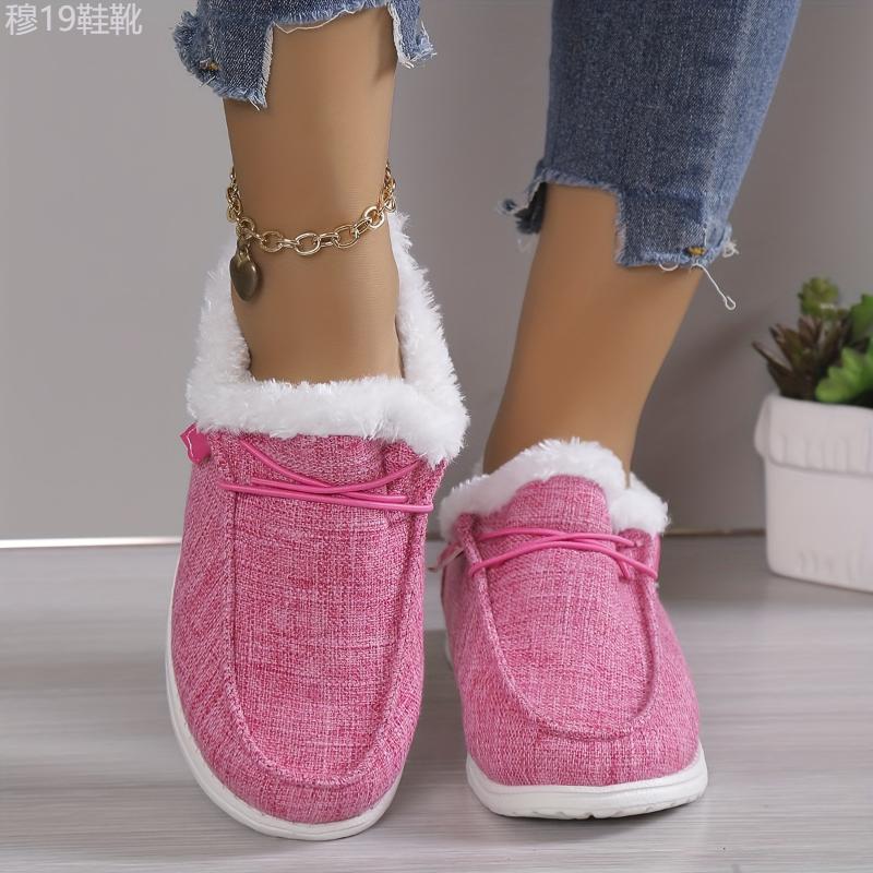 Women's Solid Color Fluffy Shoes Slip On Fleece Lining Flat Soft Sole Plush Shoes, Winter Warm Lightweight Canvas Shoes Footwear Walking Shoes