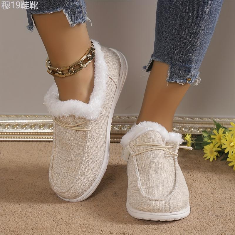 Women's Solid Color Fluffy Shoes Slip On Fleece Lining Flat Soft Sole Plush Shoes, Winter Warm Lightweight Canvas Shoes Footwear Walking Shoes