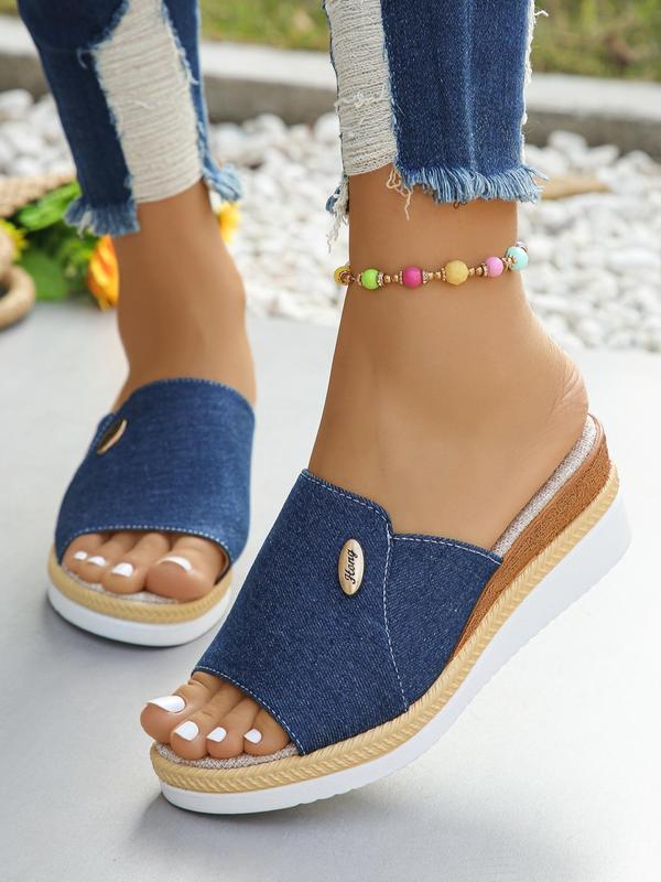 Women's Denim Slip on Wedge Sandals, Casual Comfortable Wedge Sandals for Summer, Lightweight Breathable Shoes for Daily Wear, Girl's Walking Shoes