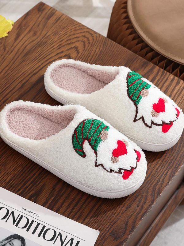 Women's Christmas Themed Santa Claus Pattern Plush Slippers, Teddy Faux Fur Comfortable Home Slippers, Warm Slippers for Indoor & Outdoor Use for Fall & Winter