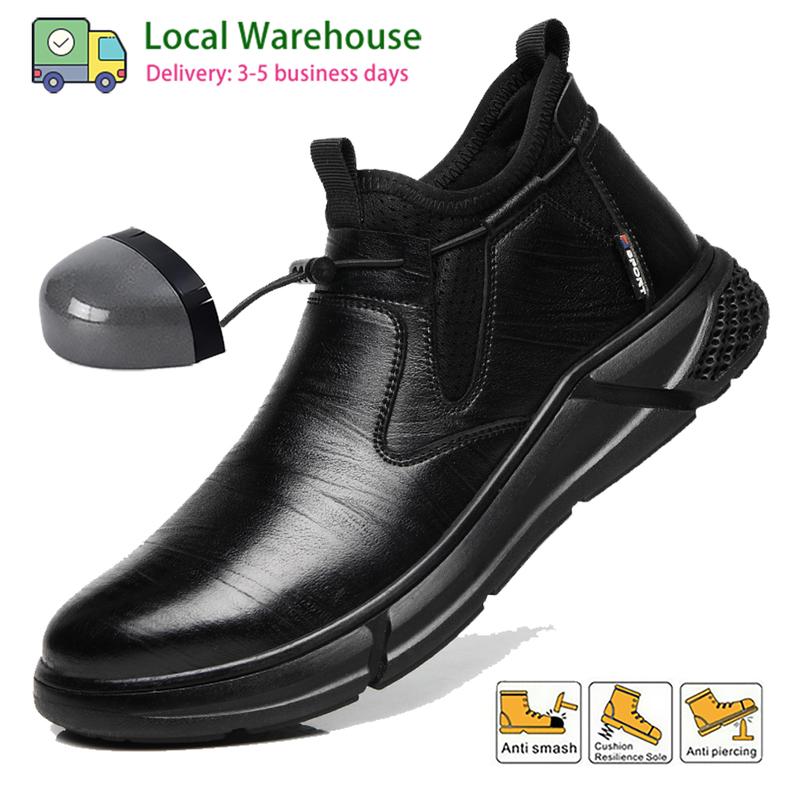 Men's Steel Toe Work Boots Slip On Quick Dry Safety Leather Indestructible Work Safety Shoes  Footwear Worker