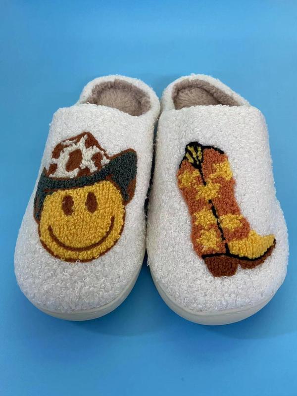 Women's Cartoon Smile Face & Boot Pattern Plush Slippers, Casual Soft Comfortable Home Slippers, Warm Slippers for Indoor & Outdoor Use for Fall & Winter