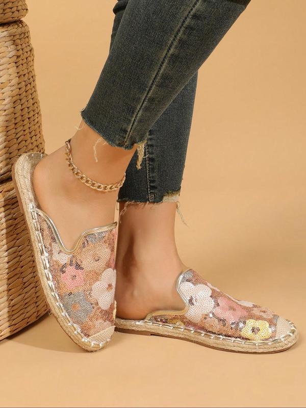 Women's Fashionable Floral Pattern Sequin Decor Slip on Mules, Casual Comfortable Flat Shoes for Beach Vacation, Non-slip Glittering Shoes for Daily Wear