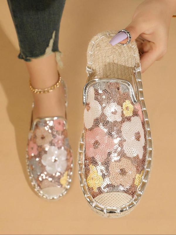 Women's Fashionable Floral Pattern Sequin Decor Slip on Mules, Casual Comfortable Flat Shoes for Beach Vacation, Non-slip Glittering Shoes for Daily Wear