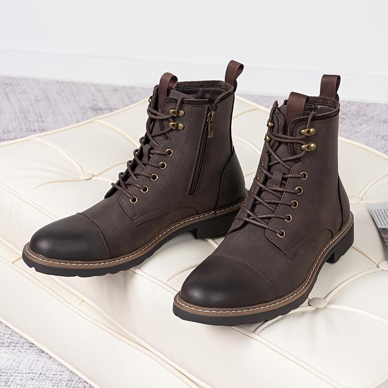 Mens Ankle Boots - Lace-up, Wear-resistant, Non Slip, PU Leather Uppers, Round Toe, TPR Sole, Fabric Inner, Casual, Fashion, Minimalist, All-season Boots for Outdoor Activities