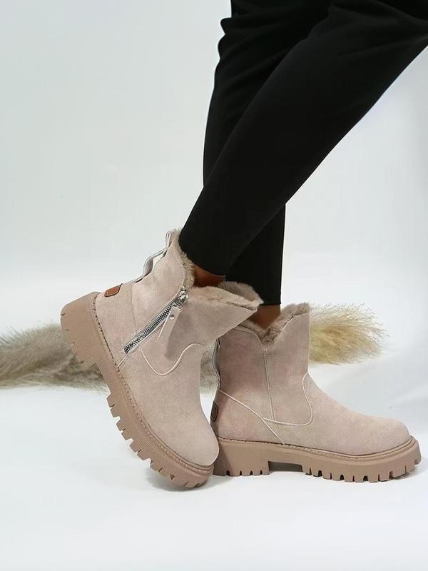  Women's Fashionable Patched Design Zipper Boots, Casual Warm Snow Boots for Winter, Female All-match Round Toe Shoes for Daily Wear