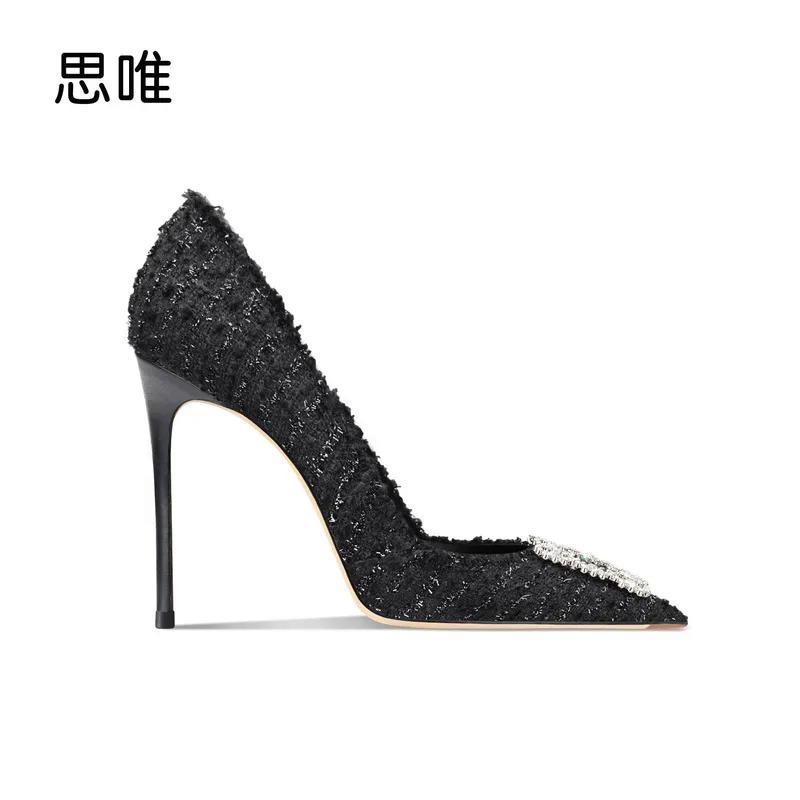 luxury women's shoes 2024 New Black Weave Rhinestones High Heels Shoes Woman Pumps Basic Crystal Diamond Buckle Fashion Party Se