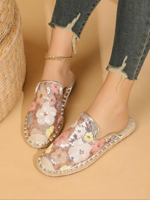 Women's Fashionable Floral Pattern Sequin Decor Slip on Mules, Casual Comfortable Flat Shoes for Beach Vacation, Non-slip Glittering Shoes for Daily Wear