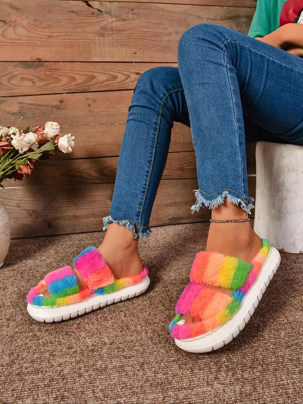 Women's Cute Colorful Fluffy House Slippers, Double Band Open Toe Slippers, Casual Soft Comfortable Home Slippers, Warm Slippers for Indoor & Outdoor Use for Fall & Winter