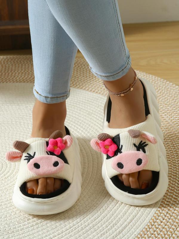 Women's Cute Cow Design Thick-soled Slippers, Casual Soft Comfortable Home Slippers, Warm House Shoes for Indoor & Outdoor Use for All Seasons