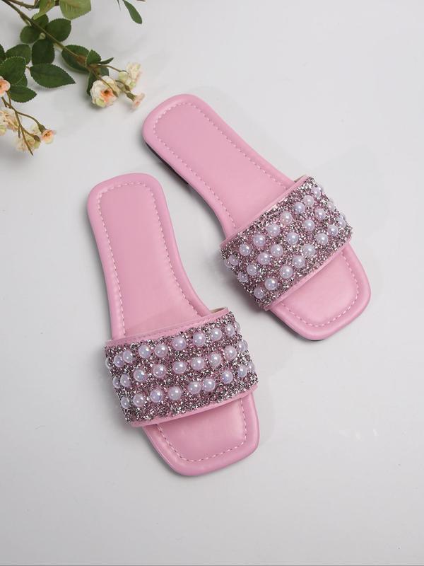 Women's Fashion Faux Pearl Decorated Slide Sandals, 2024 New Style Casual Comfortable Flat Sandals for Beach, Non-slip Slippers for Indoor & Outdoor Wear