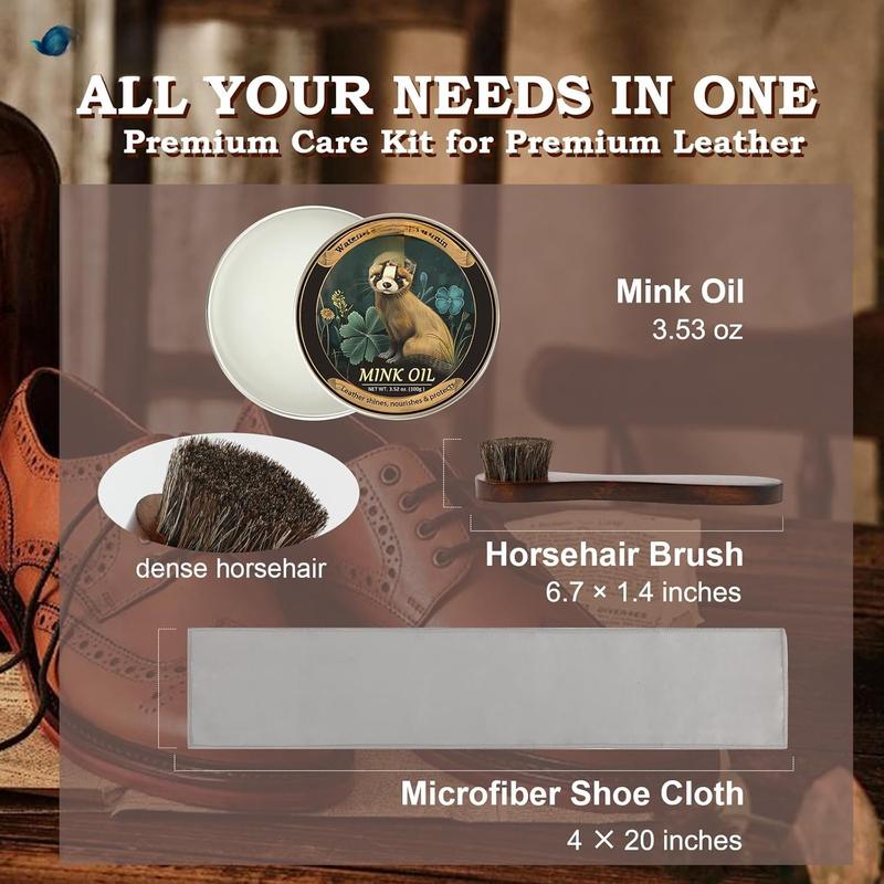 3 count Mink Oil for Leather Boots, Leather Cleaner and Conditioner 3.53oz, Premium Waterproof Clean and Restore Shoes, Furniture, with Horsehair Shoe Brush & Microfiber Shoe Cloth