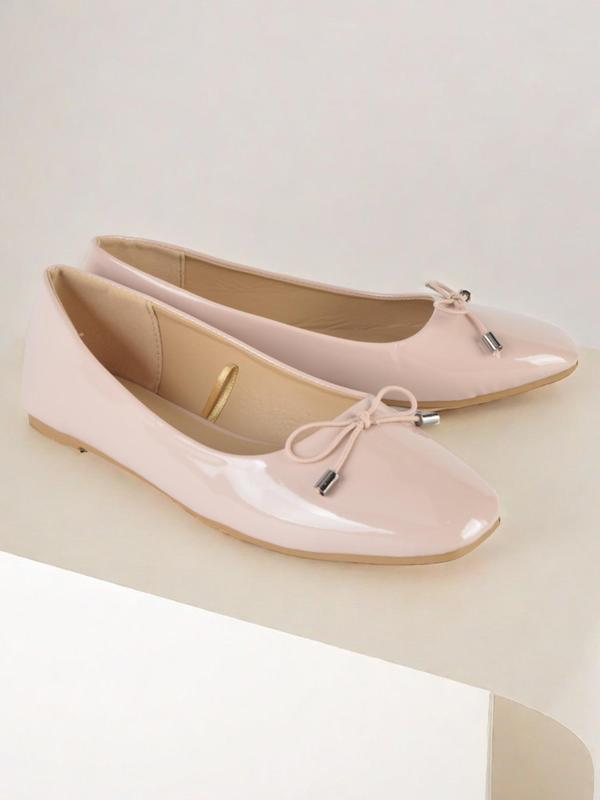 Women's Elegant Solid Color Bow Decor Slip On Flats, Fashion Trendy All-match Square Toe Ballet Shoes For Work & Office