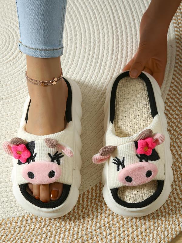 Women's Cute Cow Design Thick-soled Slippers, Casual Soft Comfortable Home Slippers, Warm House Shoes for Indoor & Outdoor Use for All Seasons