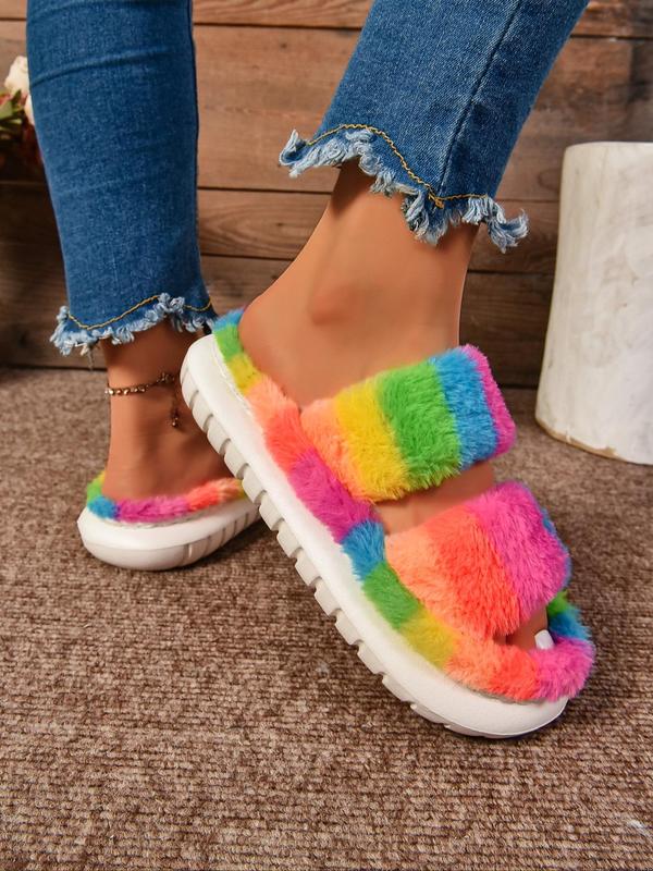 Women's Cute Colorful Fluffy House Slippers, Double Band Open Toe Slippers, Casual Soft Comfortable Home Slippers, Warm Slippers for Indoor & Outdoor Use for Fall & Winter