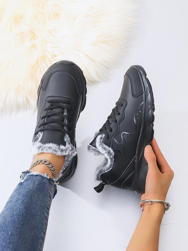 Women's Fashionable Faux Fur Lined Lace Up Low Top Sneakers, Casual Comfortable Warm Sports Shoes for Fall & Winter, Female All-match Round Toe Shoes for Daily Wear