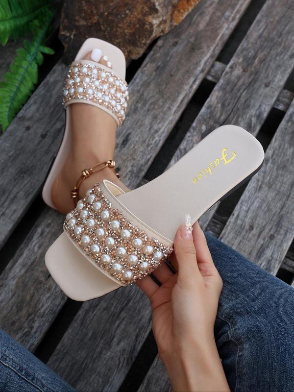 Women's Fashion Faux Pearl Decorated Slide Sandals, 2024 New Style Casual Comfortable Flat Sandals for Beach, Non-slip Slippers for Indoor & Outdoor Wear