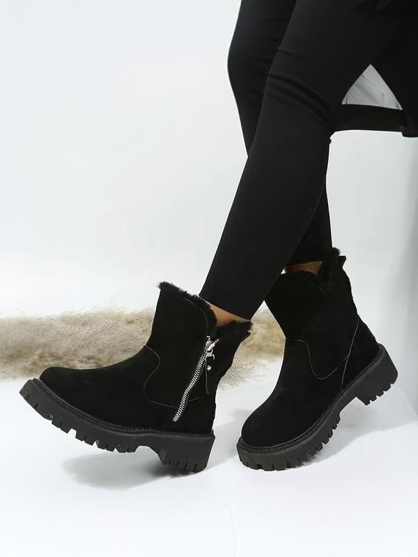  Women's Fashionable Patched Design Zipper Boots, Casual Warm Snow Boots for Winter, Female All-match Round Toe Shoes for Daily Wear