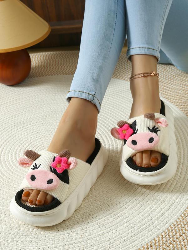 Women's Cute Cow Design Thick-soled Slippers, Casual Soft Comfortable Home Slippers, Warm House Shoes for Indoor & Outdoor Use for All Seasons