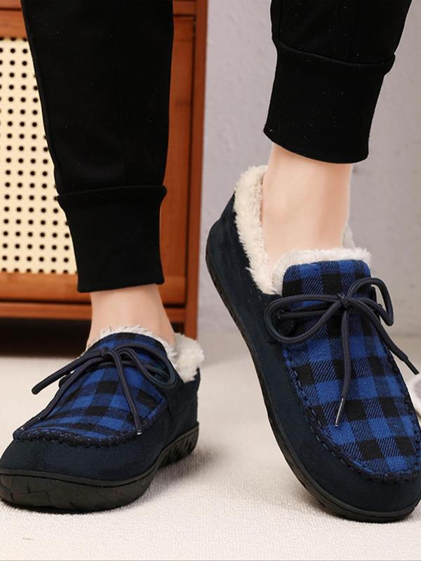 Men's Casual Plaid Pattern Contrast Faux Fur Lined Slippers, Casual Comfortable Home Slippers, Warm Loafers for Indoor & Outdoor Use for Fall & Winter