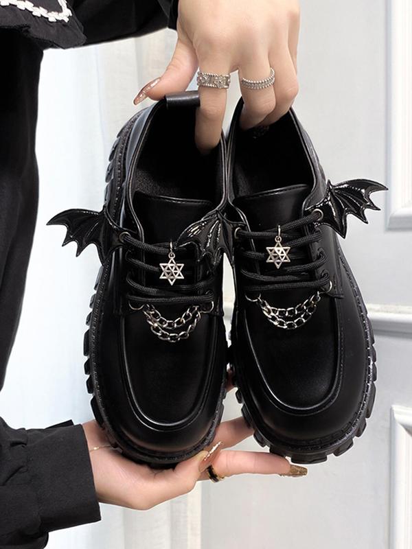 Chain Decor Plain Comfort Flatform Loafers for Girls, Gothic Star & Wing Design Platform Loafers for Daily Footwear & Walking Shoes for Women, Y2k Back To School, 2024 Fall Shoes