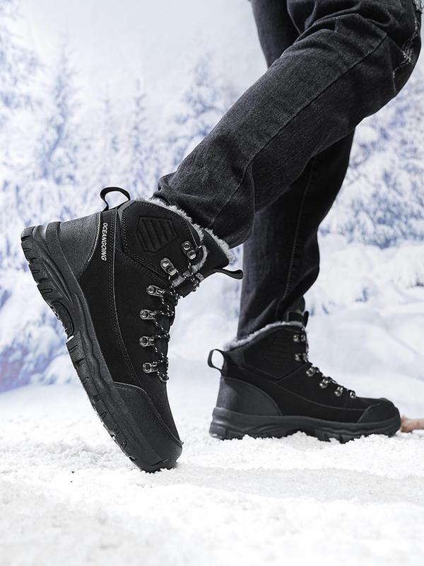 Men's Patchwork Lace Up Warm Snow Boots, Casual Outdoor Hiking Boots for Fall & Winter, Male All-match Round Toe Boots for Daily Wear