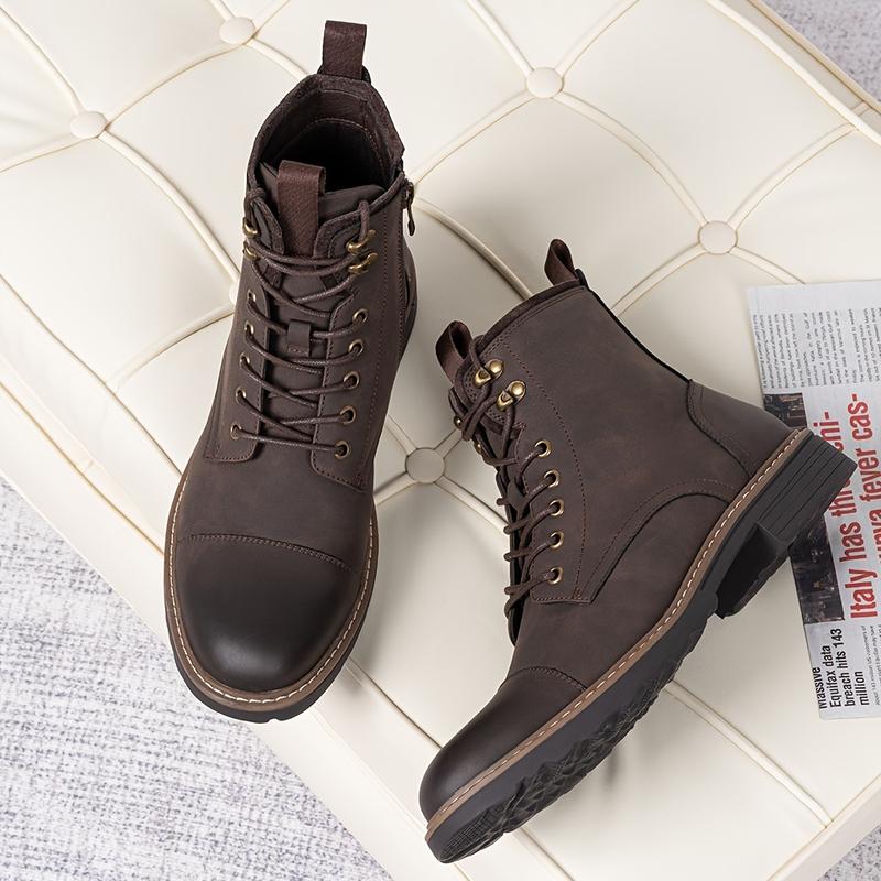 Mens Ankle Boots - Lace-up, Wear-resistant, Non Slip, PU Leather Uppers, Round Toe, TPR Sole, Fabric Inner, Casual, Fashion, Minimalist, All-season Boots for Outdoor Activities