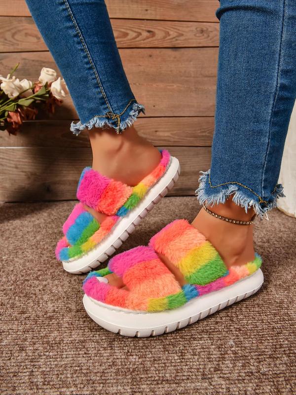 Women's Cute Colorful Fluffy House Slippers, Double Band Open Toe Slippers, Casual Soft Comfortable Home Slippers, Warm Slippers for Indoor & Outdoor Use for Fall & Winter