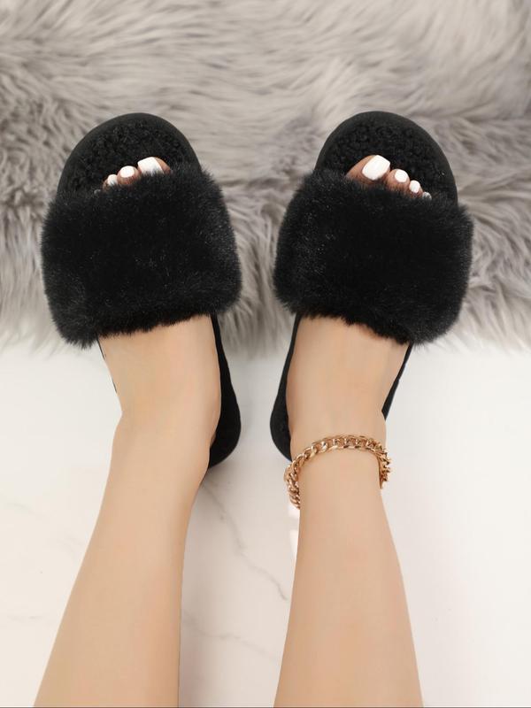 Women's Solid Color Fluffy Plush Slippers, Casual Soft Comfortable Home Slippers, Warm Slippers for Indoor & Outdoor Use for Fall & Winter