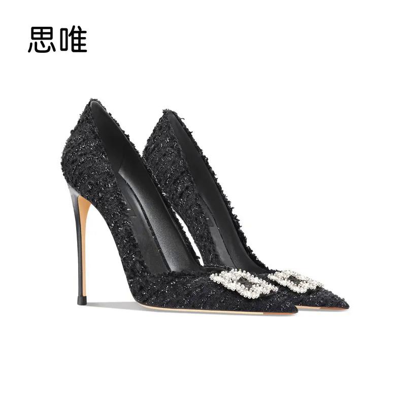 luxury women's shoes 2024 New Black Weave Rhinestones High Heels Shoes Woman Pumps Basic Crystal Diamond Buckle Fashion Party Se