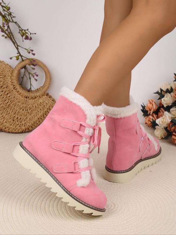 Women's Solid Color Fluffy Lined Snow Boots, Casual Comfortable Ankle Boots for Fall & Winter, Flat Shoes for Women & Girls