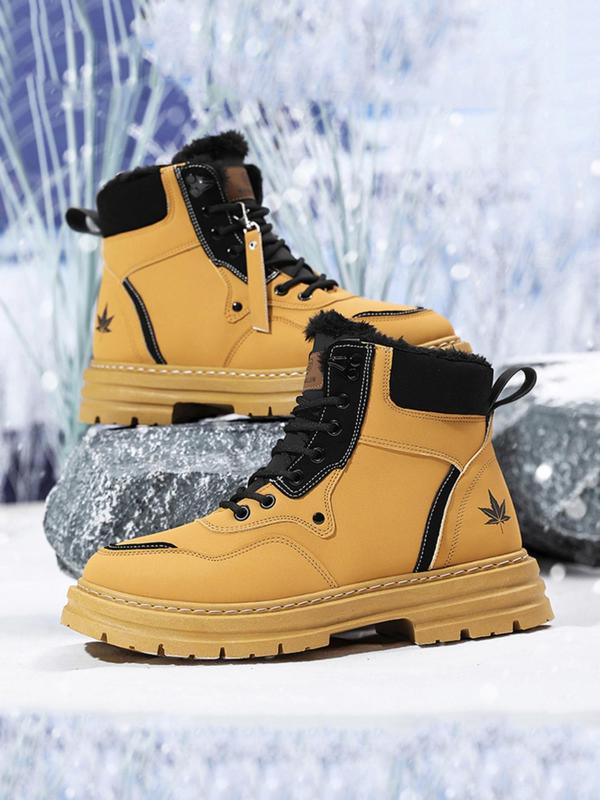 Men's Fashionable Leaf Print Lace Up Snow Boots, Casual Comfortable Warm Thermal Lined Boots for Winter, Male All-match Trendy Boots for Daily Wear