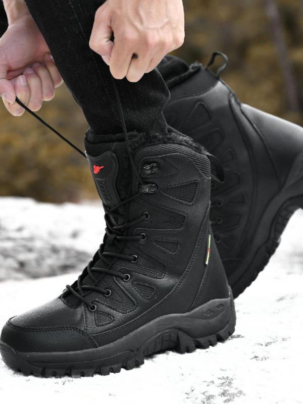 Men's Solid Color Lace Up Snow Boots, Casual Warm Thermal Mid-calf Warm Snow Boots for Outdoor Activities, Male All-match Round Toe Boots for Daily Wear