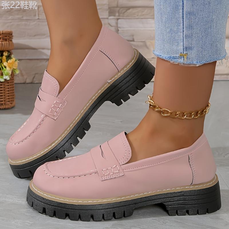 Women's Solid Color Chunky Heel Loafers, Fashion Preppy Style Dress Shoes, Comfortable Slip On Shoes Footwear Girl