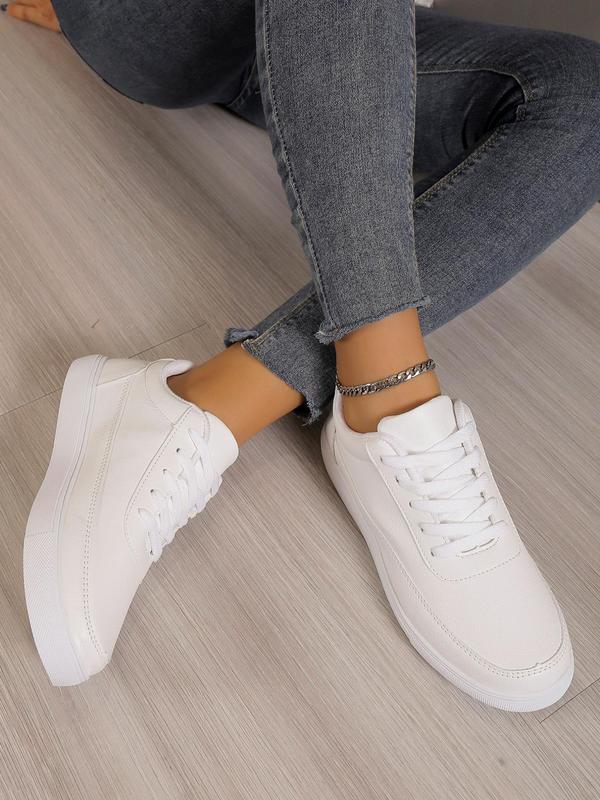 Women's 1 Pair Minimalist Casual Solid Color Skate Shoes, Simple Design Plain Lace up Pu Leather Flat Shoes, Leisure Style Lightweight Skate Shoes for Daily Wear