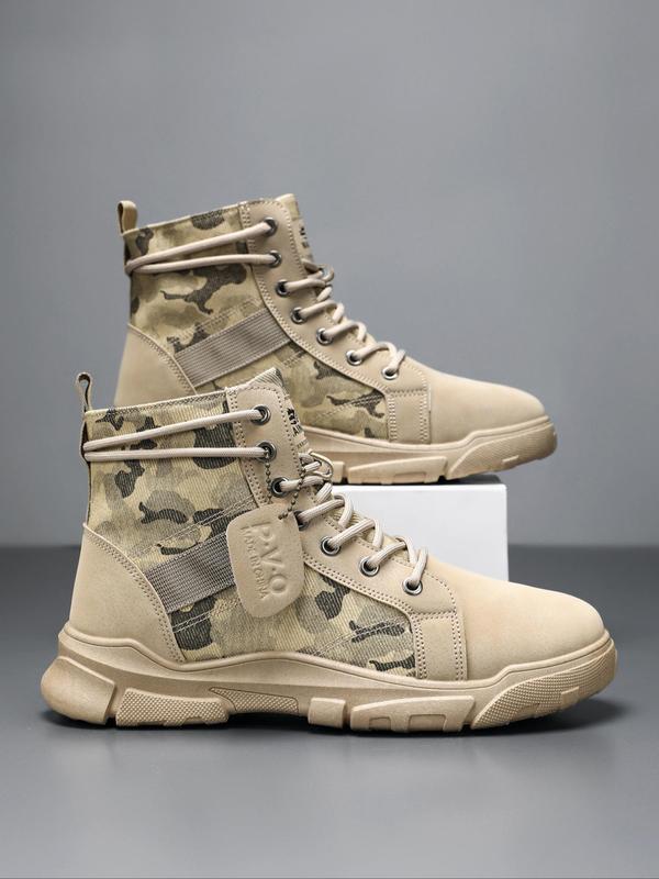 Men's Fashion Camo Print Lace Up Mid-calf Boots, Casual Comfortable Soft Sole Boots for Outdoor Sports, Male All-match Trendy Shoes for Daily Wear Lazy Boy