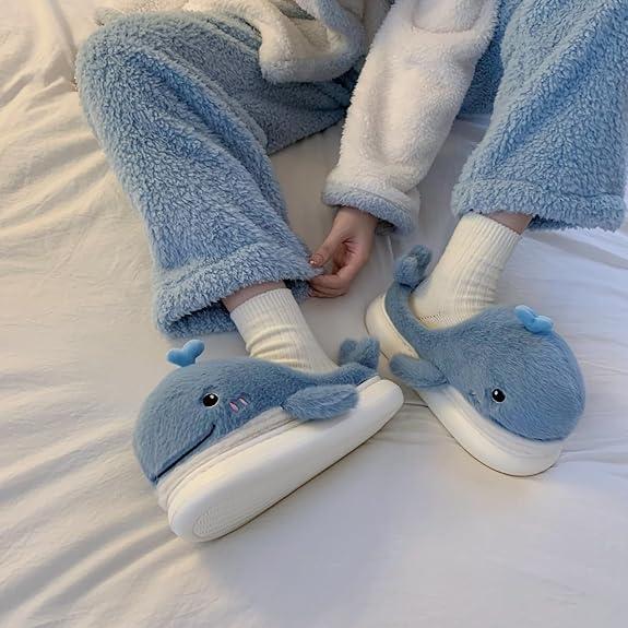 XIXITIAO Cute Fluffy Whale Slippers for Women Men,Cartoon Animal Cotton Plush Home Shoes, Fall & Winter Cozy Warm Bedroom Household Slides Indoor and Outdoor, Designer Slides