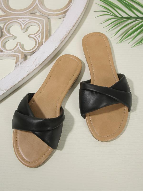 Women's Simple Plain Soft PU Leather Flat Sandals, Casual Comfortable Non-slip Slide Sandals for Summer, Lightweight Breathable Shoes for Daily Wear