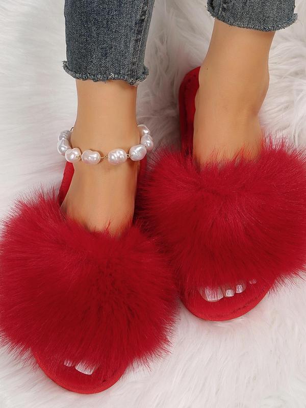 Women's Summer Cute Fashion Faux Fur Fluffy Slippers, Casual Comfortable Soft Plush Flat Slippers, All-match Women Shoes for Indoor Outdoor Wear, Slippers Shoes